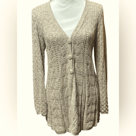 Style & Co. Textured Light Tan 3 Button Long Cardigan With Open Bottom - Picture 1 of 7